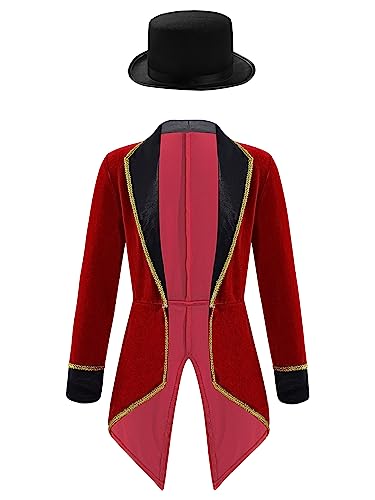 CHICTRY Kinder Jungen Mädchen Zirkus Direktor Kostüm Smoking Frack Jacke Mit Hut Halloween Fasching Karneval Cosplay Party Outfits Burgundy 164 von CHICTRY