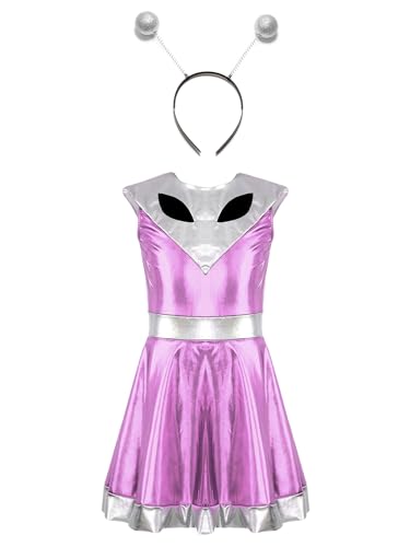 CHICTRY Kinder Mädchen Alien Kostüm Metallic Glitzer Partykleid A Linien Minikleid Patchwork Faltentenkleid Mit Alien Haarband Für Fasching Karneval Rosa 158-164 von CHICTRY