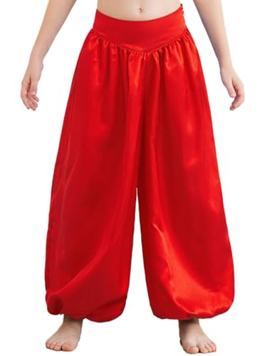 CHICTRY Kinder Mädchen Bauchtanz Kostüm Hose High Waist Haremshose Locker Slim Fit Pluderhose Einfarbig Tanzbekleidung Gr. 110-170 Rot 170 von CHICTRY