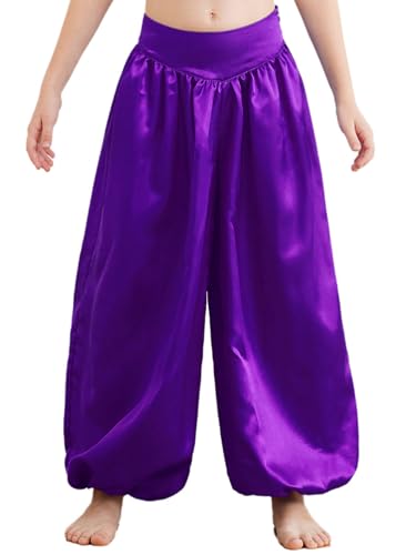 CHICTRY Kinder Mädchen Bauchtanz Kostüm Hose High Waist Haremshose Locker Slim Fit Pluderhose Einfarbig Tanzbekleidung Gr. 110-170 Violett 110-116 von CHICTRY