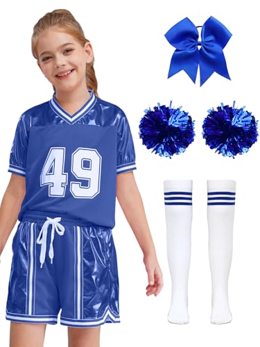 CHICTRY Kinder Mädchen Cheer Leader Kostüm Kurzarm Tanz Top 49 Print Shirt Mit Metallic Patchwork Shorts Schleife Stirnband Pompons Strümpfe Dancewear Blau 146-152 von CHICTRY