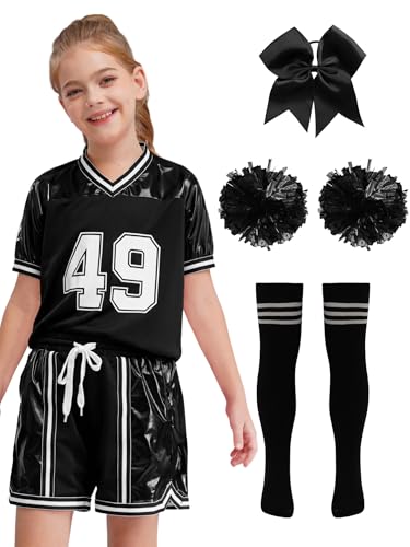 CHICTRY Kinder Mädchen Cheer Leader Kostüm Kurzarm Tanz Top 49 Print Shirt Mit Metallic Patchwork Shorts Schleife Stirnband Pompons Strümpfe Dancewear Schwarz 122-128 von CHICTRY