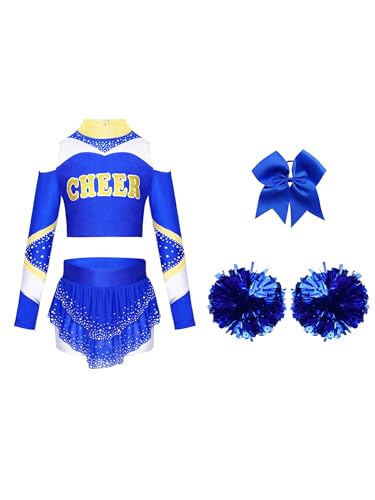 CHICTRY Kinder Mädchen Cheer Leader Kostüm Langarm Bauchfrei Tanz Oberteil Mit Strass Glitzer Faltenrock Schleife Stirnband Pompons Tanzkostüm Blau 134-140 von CHICTRY