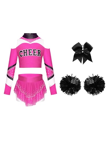 CHICTRY Kinder Mädchen Cheer Leader Kostüm Langarm Bauchfrei Tanz Oberteil Mit Strass Glitzer Faltenrock Schleife Stirnband Pompons Tanzkostüm Hot Pink & Schwarz 134-140 von CHICTRY