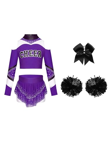 CHICTRY Kinder Mädchen Cheer Leader Kostüm Langarm Bauchfrei Tanz Oberteil Mit Strass Glitzer Faltenrock Schleife Stirnband Pompons Tanzkostüm Lila & Schwarz 146-152 von CHICTRY