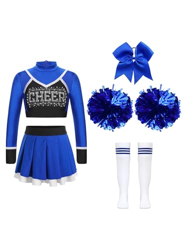 CHICTRY Kinder Mädchen Cheer Leader Kostüm Langarm Bauchfrei Tanz Top Mit A Linien Tanzrock Haarband Pompons Strümpfe Für Fasching Karneval Blau 122-128 von CHICTRY