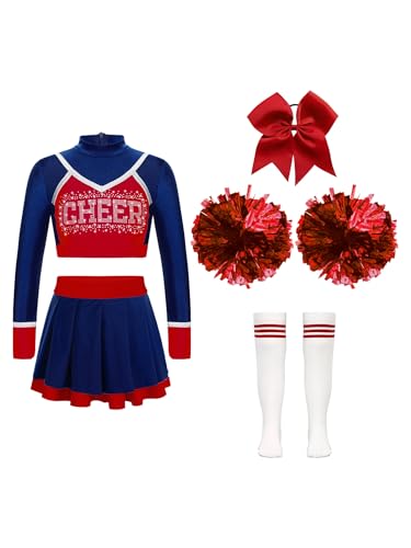 CHICTRY Kinder Mädchen Cheer Leader Kostüm Langarm Bauchfrei Tanz Top Mit A Linien Tanzrock Haarband Pompons Strümpfe Für Fasching Karneval Marineblau und Rot 122-128 von CHICTRY