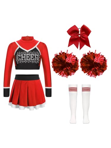 CHICTRY Kinder Mädchen Cheer Leader Kostüm Langarm Bauchfrei Tanz Top Mit A Linien Tanzrock Haarband Pompons Strümpfe Für Fasching Karneval Rot 110-116 von CHICTRY