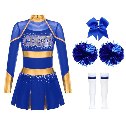 CHICTRY Kinder Mädchen Cheer Leader Kostüm Langarm Cheerleading Kleid Metallic Patchwork Tanzkleid Mit Schleife Stirnband Strümpfe Handblumen Tanzkostüm A Blau 134-140 von CHICTRY