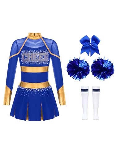 CHICTRY Kinder Mädchen Cheer Leader Kostüm Langarm Cheerleading Kleid Metallic Patchwork Tanzkleid Mit Schleife Stirnband Strümpfe Handblumen Tanzkostüm A Blau 158-164 von CHICTRY