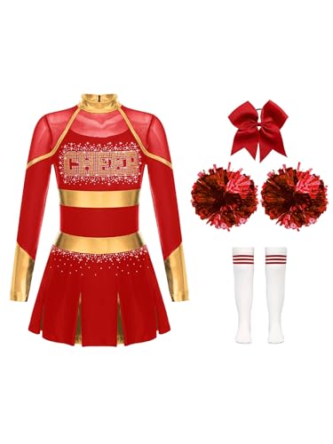 CHICTRY Kinder Mädchen Cheer Leader Kostüm Langarm Cheerleading Kleid Metallic Patchwork Tanzkleid Mit Schleife Stirnband Strümpfe Handblumen Tanzkostüm A Rot 134-140 von CHICTRY