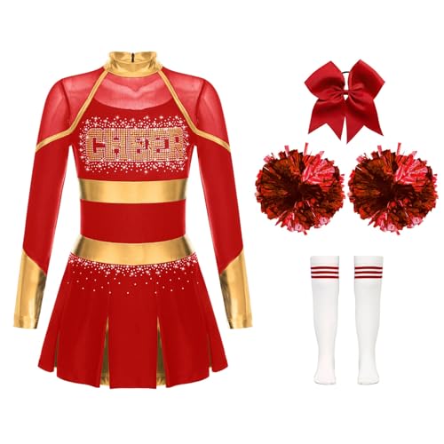 CHICTRY Kinder Mädchen Cheer Leader Kostüm Langarm Cheerleading Kleid Metallic Patchwork Tanzkleid Mit Schleife Stirnband Strümpfe Handblumen Tanzkostüm A Rot 146-152 von CHICTRY