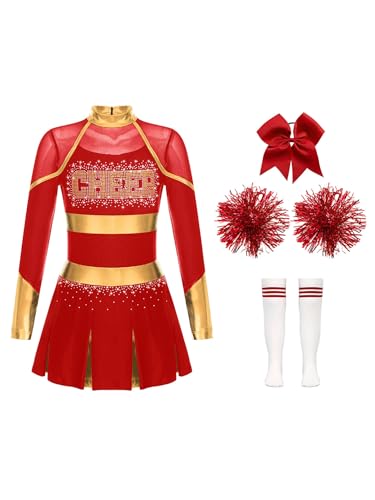 CHICTRY Kinder Mädchen Cheer Leader Kostüm Langarm Cheerleading Kleid Metallic Patchwork Tanzkleid Mit Schleife Stirnband Strümpfe Handblumen Tanzkostüm B Rot 146-152 von CHICTRY