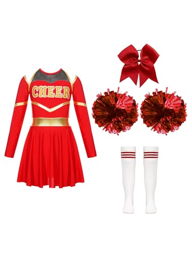 CHICTRY Kinder Mädchen Cheer Leader Kostüm Langarm Cheerleading Kleid Metallic Patchwork Tanzkleid Mit Schleife Stirnband Strümpfe Handblumen Tanzkostüm C Rot 122-128 von CHICTRY