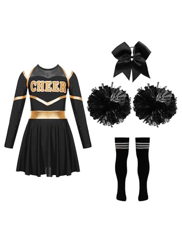 CHICTRY Kinder Mädchen Cheer Leader Kostüm Langarm Cheerleading Kleid Metallic Patchwork Tanzkleid Mit Schleife Stirnband Strümpfe Handblumen Tanzkostüm C Schwarz&Weiß 110-116 von CHICTRY