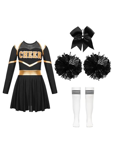 CHICTRY Kinder Mädchen Cheer Leader Kostüm Langarm Cheerleading Kleid Metallic Patchwork Tanzkleid Mit Schleife Stirnband Strümpfe Handblumen Tanzkostüm C Weiß&Schwarz 122-128 von CHICTRY