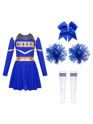 CHICTRY Kinder Mädchen Cheer Leader Kostüm Langarm Cheerleading Kleid Metallic Patchwork Tanzkleid Mit Schleife Stirnband Strümpfe Handblumen Tanzkostüm D Blau 110-116 von CHICTRY