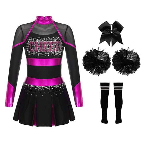 CHICTRY Kinder Mädchen Cheer Leader Kostüm Langarm Cheerleading Kleid Metallic Patchwork Tanzkleid Mit Schleife Stirnband Strümpfe Handblumen Tanzkostüm Hot Pink & Schwarz 110-116 von CHICTRY