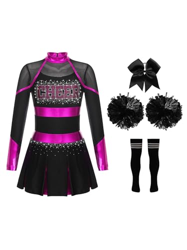 CHICTRY Kinder Mädchen Cheer Leader Kostüm Langarm Cheerleading Kleid Metallic Patchwork Tanzkleid Mit Schleife Stirnband Strümpfe Handblumen Tanzkostüm Hot Pink & Schwarz 158-164 von CHICTRY