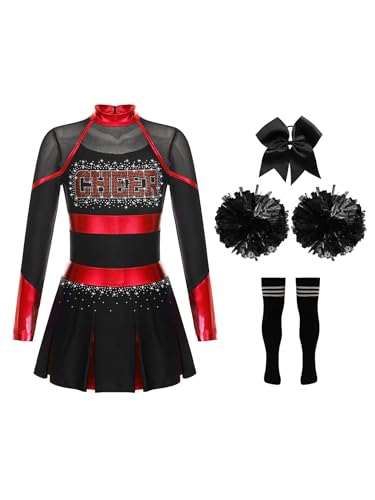 CHICTRY Kinder Mädchen Cheer Leader Kostüm Langarm Cheerleading Kleid Metallic Patchwork Tanzkleid Mit Schleife Stirnband Strümpfe Handblumen Tanzkostüm Rot schwarz 158-164 von CHICTRY