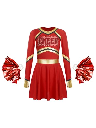 CHICTRY Kinder Mädchen Cheer Leader Kostüm Langarm Metallic Strass Patchwork Tanzkleid CHEER Print Faltenkleid Mit Glitzer Pompoms Für Fasching Karneval Rot 158-164 von CHICTRY