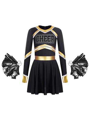 CHICTRY Kinder Mädchen Cheer Leader Kostüm Langarm Metallic Strass Patchwork Tanzkleid CHEER Print Faltenkleid Mit Glitzer Pompoms Für Fasching Karneval Schwarz 134-140 von CHICTRY