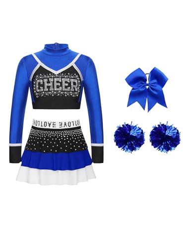 CHICTRY Kinder Mädchen Cheer Leader Kostüm Langarm Strass Glitzer Tanz Top Bauchfrei Oberteil A Linien Faltenrock Mit Schleife Stirnband Pompons Tanzkostüm A Blau 110-116 von CHICTRY