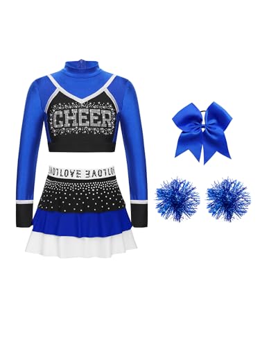 CHICTRY Kinder Mädchen Cheer Leader Kostüm Langarm Strass Glitzer Tanz Top Bauchfrei Oberteil A Linien Faltenrock Mit Schleife Stirnband Pompons Tanzkostüm B Blau 146-152 von CHICTRY