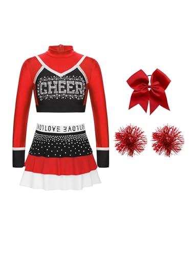 CHICTRY Kinder Mädchen Cheer Leader Kostüm Langarm Strass Glitzer Tanz Top Bauchfrei Oberteil A Linien Faltenrock Mit Schleife Stirnband Pompons Tanzkostüm B Rot 158-164 von CHICTRY