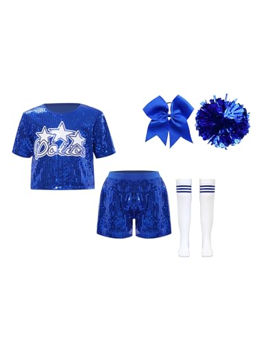 CHICTRY Kinder Mädchen Cheer Leader Outfit Pailletten Glitzer Crop Top Buchstaben Print Obertei Golderbesatz Shorts Mit Haarband Pompons Strümpfe Dancewear Blau 116-128 von CHICTRY