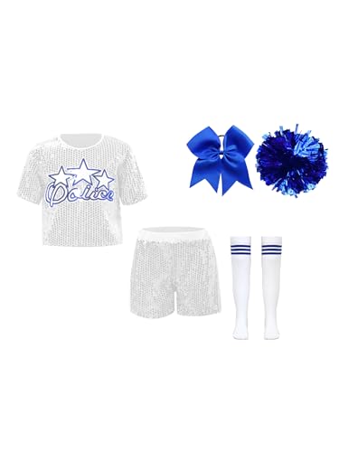 CHICTRY Kinder Mädchen Cheer Leader Outfit Pailletten Glitzer Crop Top Buchstaben Print Obertei Golderbesatz Shorts Mit Haarband Pompons Strümpfe Dancewear Silber 134-146 von CHICTRY