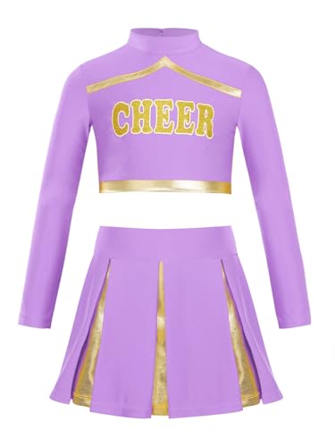 CHICTRY Kinder Mädchen Cheer Leader Shirt Rock Outfit Langarm Bauchfrei Oberteil Metallic Patchwork Top Mit High Waist Faltenrock A Linien Tanzrock Dancewear Helles Lila 134-140 von CHICTRY