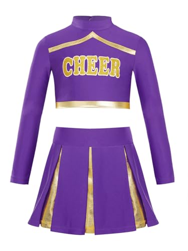 CHICTRY Kinder Mädchen Cheer Leader Shirt Rock Outfit Langarm Bauchfrei Oberteil Metallic Patchwork Top Mit High Waist Faltenrock A Linien Tanzrock Dancewear Violett 146-152 von CHICTRY