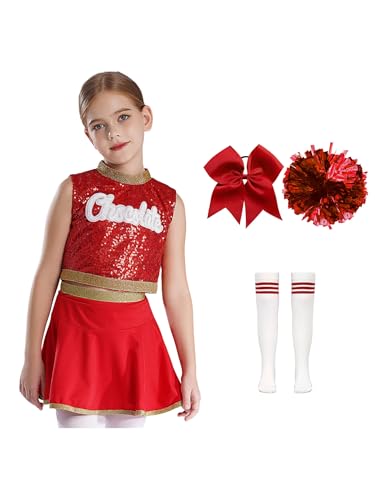 CHICTRY Kinder Mädchen Cheerleaderin Kleid Pailletten Top Bauchfrei Tanz Shirt High Waist Rock A Linien Tanzrock Mit Pompons Stirband Strümpfe Tanz Outfit Rot 122-128 von CHICTRY