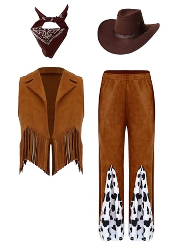 CHICTRY Kinder Mädchen Cowgirl Kostüm Ärmellos Fransenweste Mit Kuhnuster Patchwork Schlaghose Bandana Kopftuch Westernhut 60er 70er Jahre Hippie Outfit Kaffee 146-152 von CHICTRY