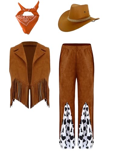 CHICTRY Kinder Mädchen Cowgirl Kostüm Ärmellos Fransenweste Mit Kuhnuster Patchwork Schlaghose Bandana Kopftuch Westernhut 60er 70er Jahre Hippie Outfit Orange 146-152 von CHICTRY