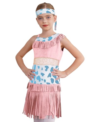 CHICTRY Kinder Mädchen Cowgirl Kostüm Fransen Quasten Indianer Kleid Ärmellos Minikleid A Linien Mit Kuhmuster Stirband 2tlg Outfit Für Fasching Karneval Rosa 170 von CHICTRY