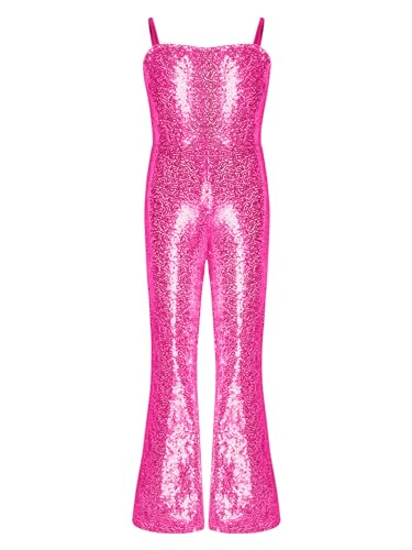 CHICTRY Kinder Mädchen Film Charakter Cowgirl Kostüm Pailletten Overall Jumpsuit Ärmellos Unterhemd Stretch Schlaghose 70er 80er Jahre Hippie Disco Outfits Hot Pink 134-140 von CHICTRY