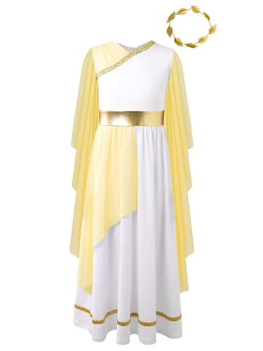 CHICTRY Kinder Mädchen Griechische Kostüm Festlich Mittelalter Kleid Langarm Weisses Griechische Göttin Athena Partykleid Mit Blatt Stirnband Kinderkostüm Gelb 170 von CHICTRY