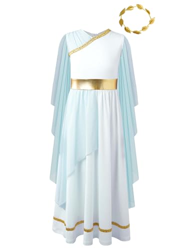 CHICTRY Kinder Mädchen Griechische Kostüm Festlich Mittelalter Kleid Langarm Weisses Griechische Göttin Athena Partykleid Mit Blatt Stirnband Kinderkostüm Hellblau 170 von CHICTRY