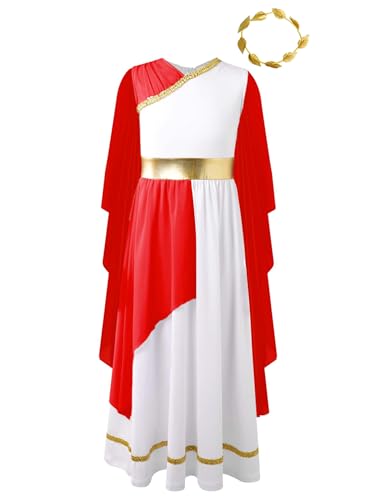 CHICTRY Kinder Mädchen Griechische Kostüm Festlich Mittelalter Kleid Langarm Weisses Griechische Göttin Athena Partykleid Mit Blatt Stirnband Kinderkostüm Rot 170 von CHICTRY