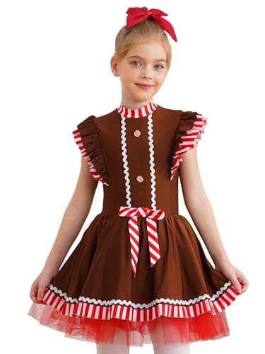 CHICTRY Kinder Mädchen Lebkuchenmann Kostüm Fleigenärmel Partykleid Streifen Patchwork Body Mit A Linien Tutu Rock Tüllrock Weihnachtsfeier Outfit Braun 122-128 von CHICTRY