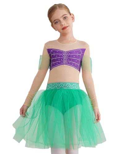 CHICTRY Kinder Mädchen Meerjungfrau Kostüm Strass Glitzer Ballettkleid Mesh Patchwork Tanzkleid Cut Out Trikot Body Mit Tüllrock Tutu Kinderkostüm Grün 110-116 von CHICTRY