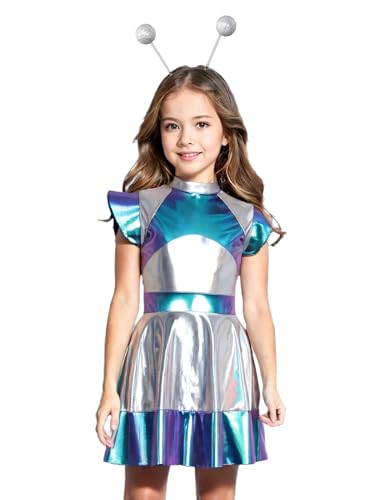 CHICTRY Kinder Mädchen Metallic Alien Kleid Fliegenärmel Partykleid Stehkragen Faltenkleid A Linien Festlich Mit Alien Stirnband Prinzessin Kostüm Blau 134-140 von CHICTRY