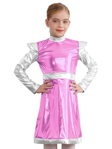 CHICTRY Kinder Mädchen Metallic Kleid Langarm Rüschen Partykleid Rollkragen Patchwork Tanzkleid Fasching Karneval Alien Kostüm Kinderkostüm Rosa 170 von CHICTRY