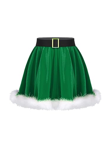 CHICTRY Kinder Mädchen Weihnachtsrock A Linien Sakter Rock High Waist Samtrock Federbesatz Faltenrock Weihnachtsoutfit Gr. 98-176 Grün 146-152 von CHICTRY