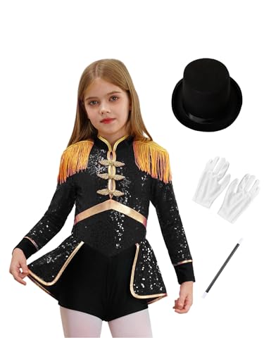 CHICTRY Kinder Mädchen Zirkus Kostüm Langarm Pailletten Body Fransen Quasten Overall Rüschen Trikot Mit Mütze Handschuhe Zauberstab 4tlg Kinderkostüm Schwarz A 110-116 von CHICTRY