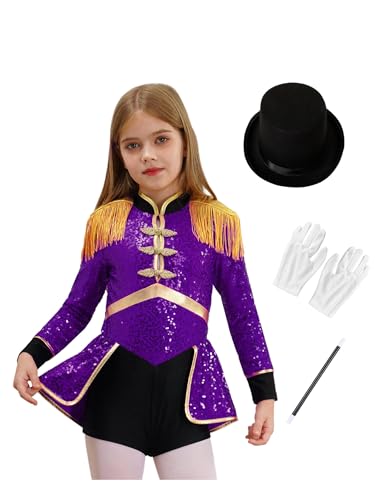 CHICTRY Kinder Mädchen Zirkus Kostüm Langarm Pailletten Body Fransen Quasten Overall Rüschen Trikot Mit Mütze Handschuhe Zauberstab 4tlg Kinderkostüm Violett A 110-116 von CHICTRY