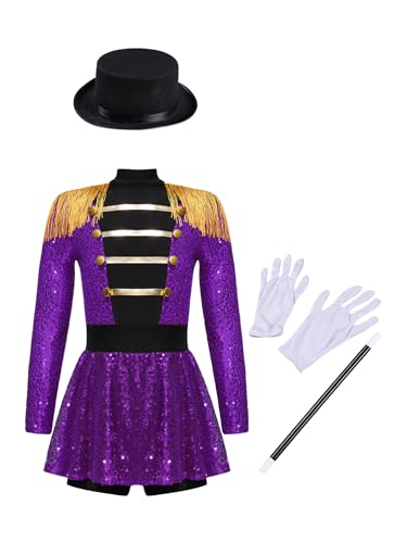 CHICTRY Kinder Mädchen Zirkus Kostüm Pailletten Glitzer Body Fransen Quasten Tanzkleid Mit Hut Handschuhe Zauberstab 4tlg Faschingskostüm Violett 158-164 von CHICTRY