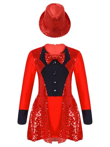 CHICTRY Kinder Mädchen Zirkus Kostüm Pailletten Glitzer Tanzkleid Langarm Zauberer Kleid Mit Fedora Hut Kinderkostüm Für Fasching Karneval Rot 110-116 von CHICTRY